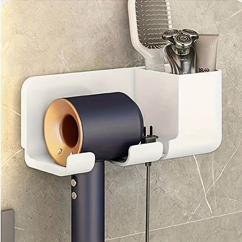 Durable Plastic Wall-Mounted Hair Dryer Holder with Storage - Space-Saving Design, No Electricity Required, Ideal Bathroom Accessory