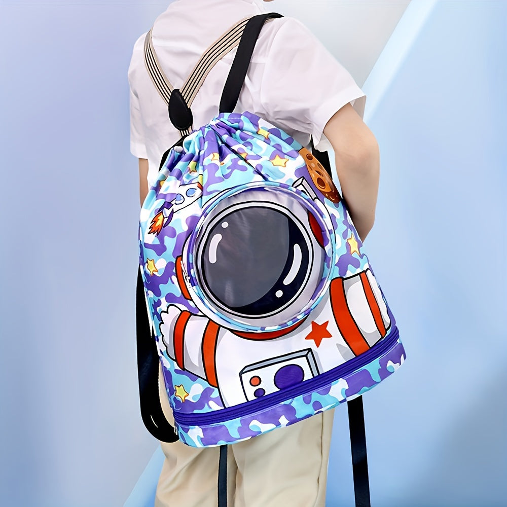 Purple swim bag with dry/wet separation, stylish cartoon design, ideal for sports and travel.