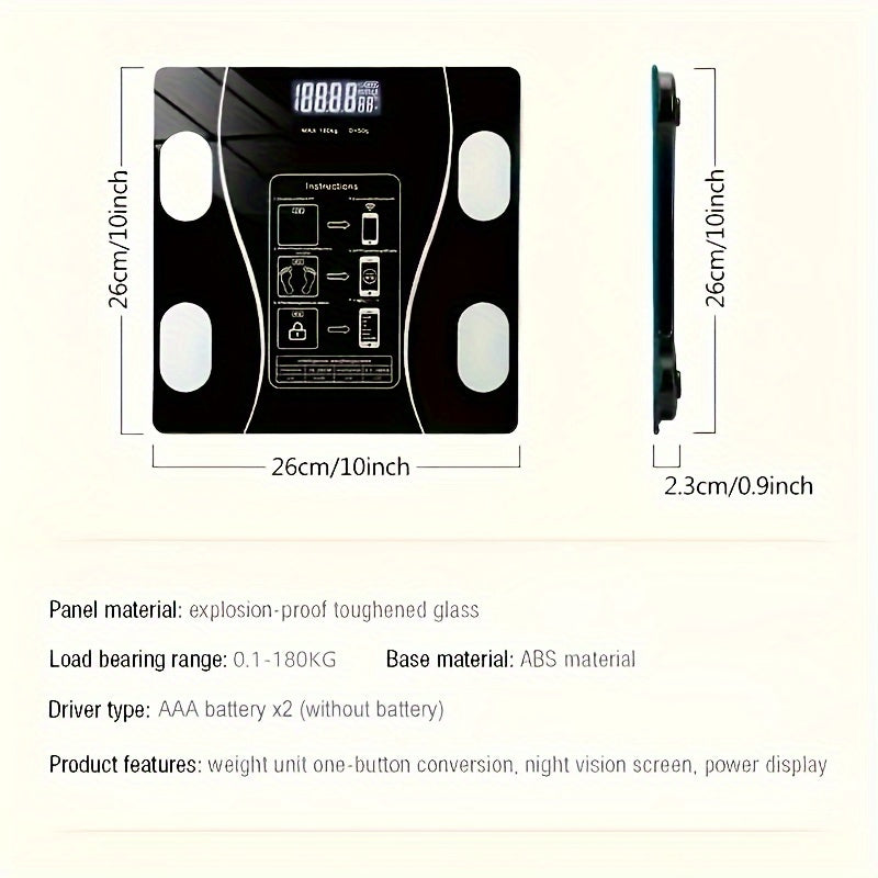 Smart weight scale with wireless connectivity and battery power, suitable for home and office use. Includes AAA non-rechargeable battery, perfect as a holiday gift.