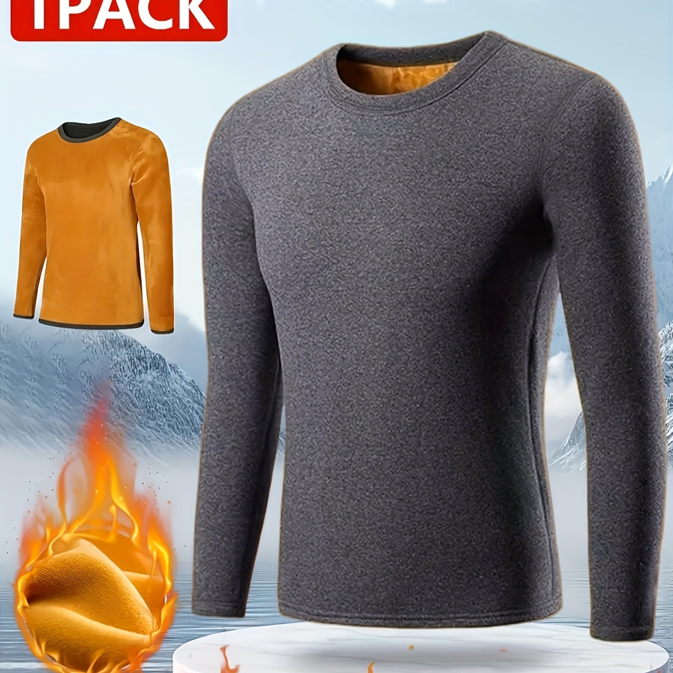 Men's Winter Warmth Top in golden velvet, slim fit with crew neck. Ideal for outdoor activities like cycling and hiking. Made of 95% polyester and 5% spandex with medium stretch knit