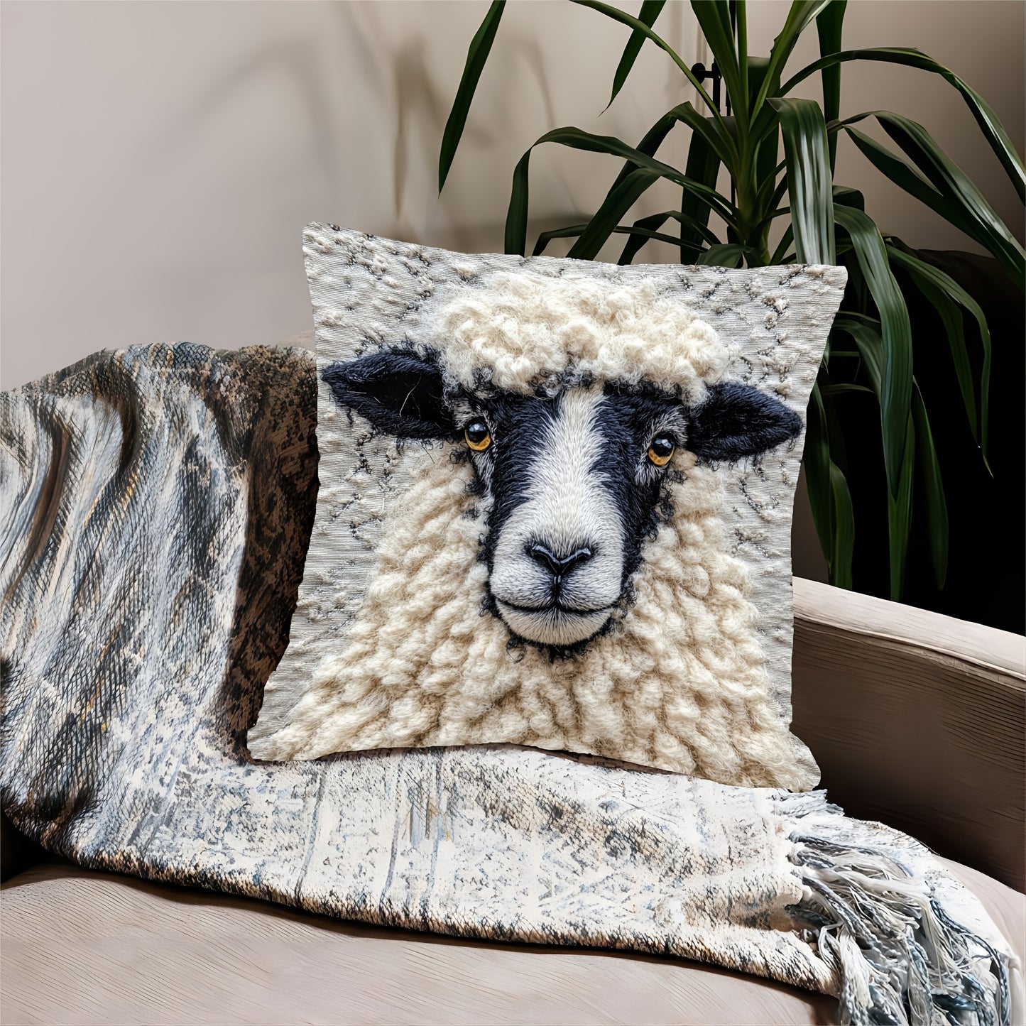 Retro farm animal design pillowcase featuring fluffy black nose sheep. Suitable for sofa, living room, bedroom, or office. Single side print, machine washable with zipper closure. 45.72x45.72cm, no pillow core included. Made of peach skin material.