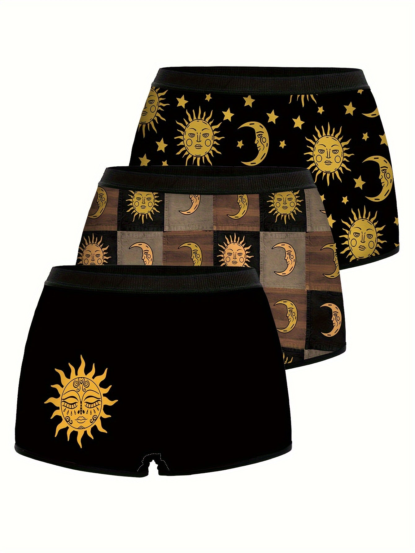 3pcs Boyshort Panties with Sun, Moon & Stars Print - Comfy Polyester Blend, Stretchy Elastane, Machine Washable