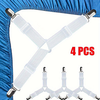 Set of 4 Triangular Elastic Bed Sheet Straps with Adjustable Length, Made of Nylon with Three-Way Sofa Clips, Tablecloth Holders, Non-Slip Bands, and Partial Care Weave Fabric