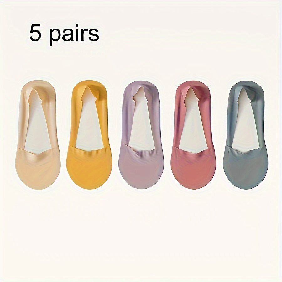 5 pairs of solid ice silk socks for women, non-slip and breathable low cut invisible socks.