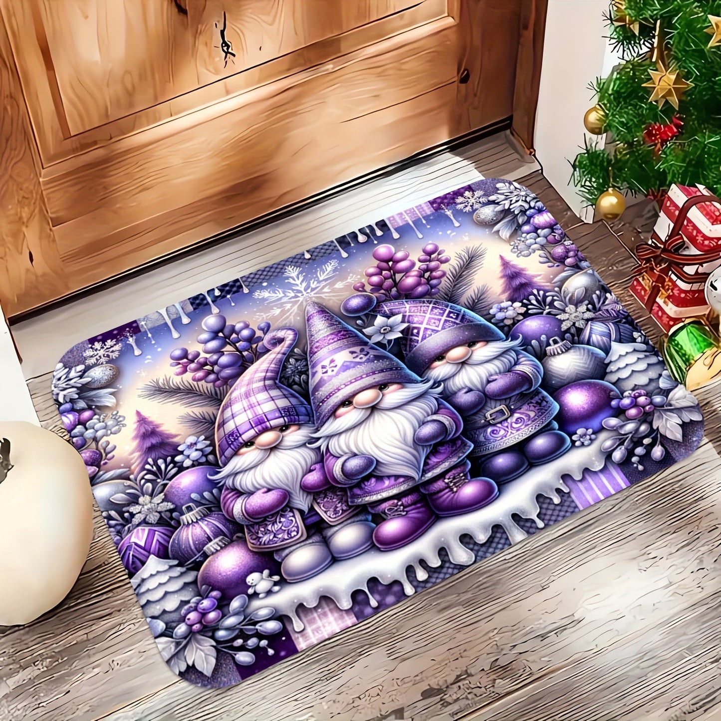 Christmas Gnome and Bell Tree Design Purple Welcome Mat - Non-Slip, Easy to Clean, Stain-Resistant, Machine Washable - Thick Flannel Anti-Slip Memory Foam Doormat (1pc, 1.19cm) - Perfect for Bathroom, Living Room, Bedroom, Kitchen, Office - Festive