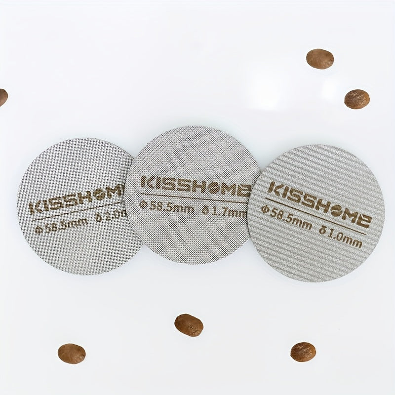 Reusable espresso puck screen made of 316 stainless steel, heat resistant, available in diameters of 51mm, 53.5mm, and 58.5mm. Compatible with Breville machines and 51mm, 54mm, and 58mm portafilters. Includes coffee accessories.