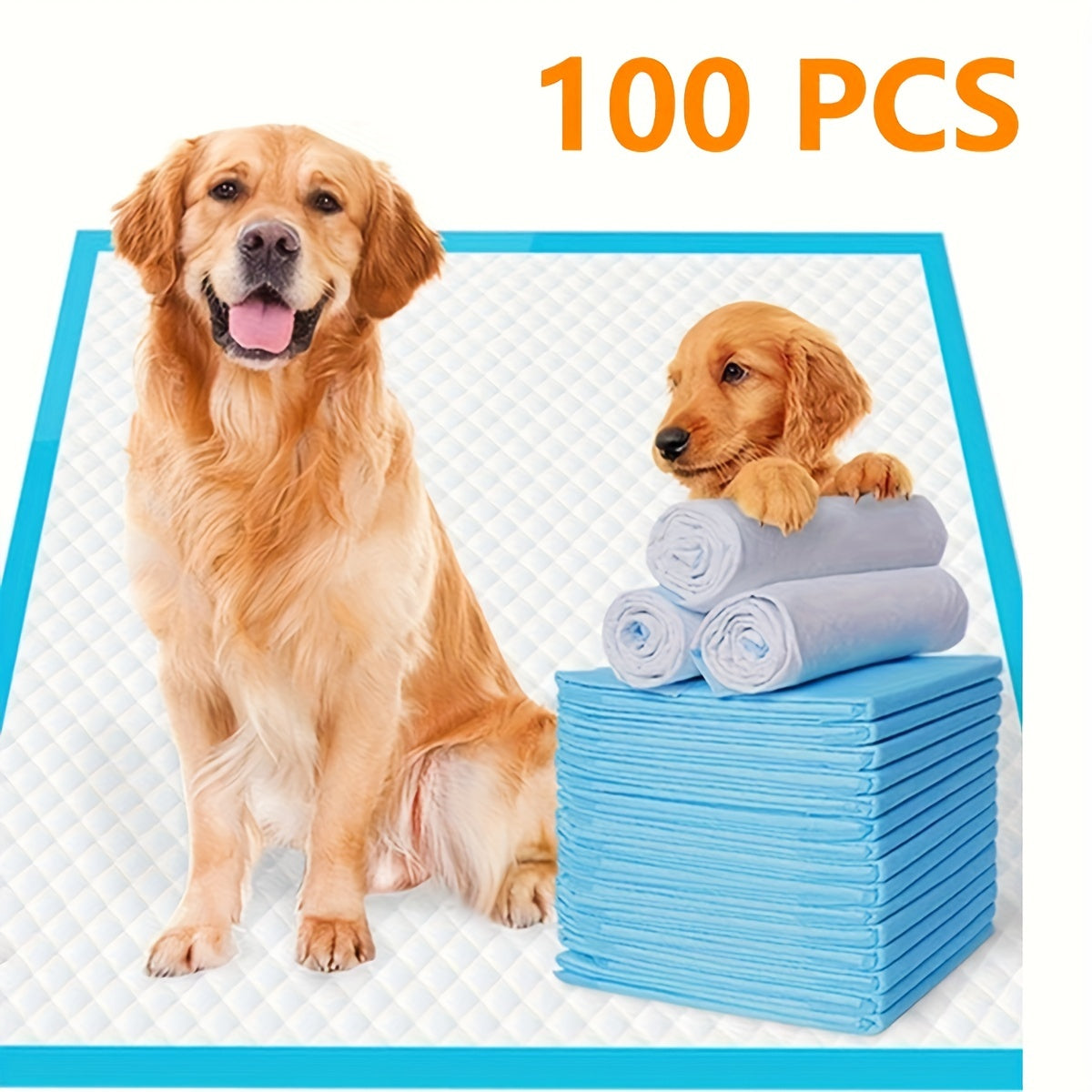 100 disposable absorbent dog training pads, waterproof, breathable, leak-proof for housebreaking and indoor use, suitable for all dog breeds. Ideal for bed and table protection.