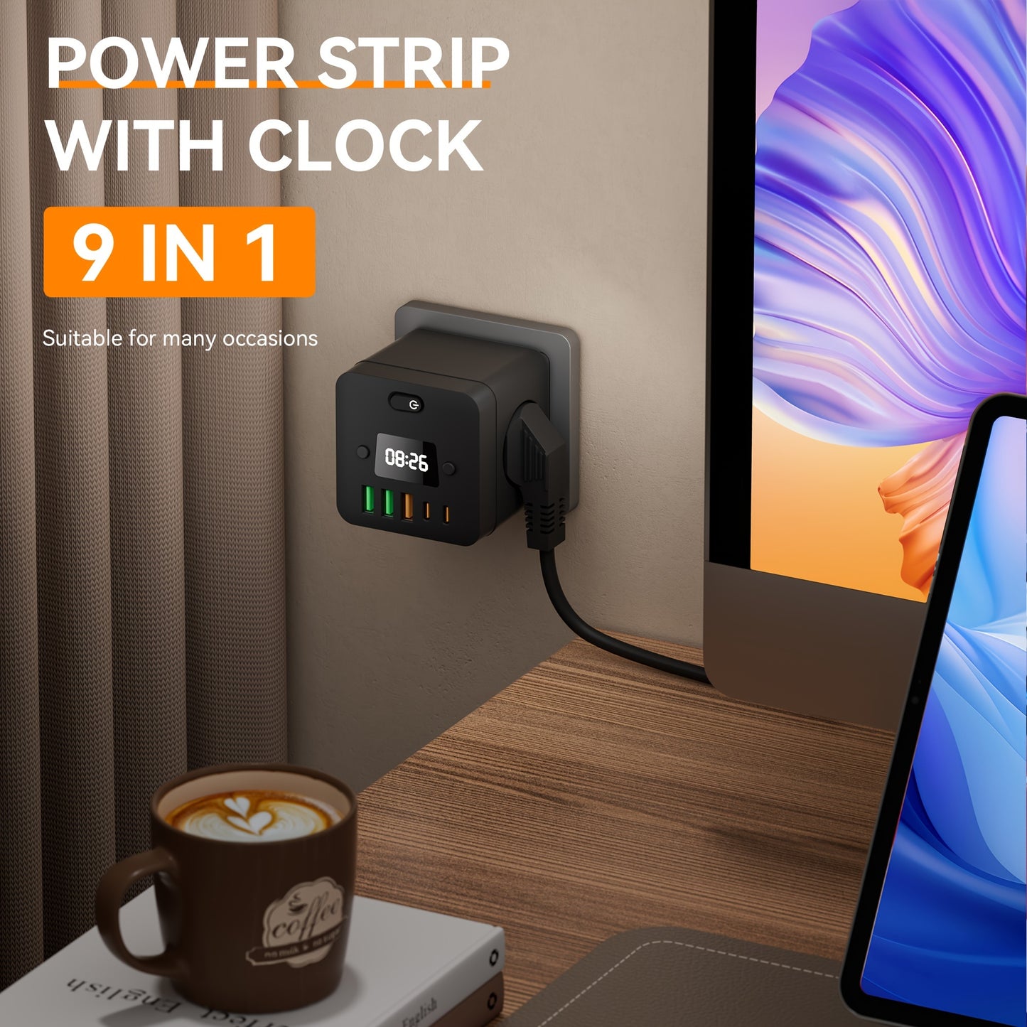 9 in 1 Power Strip with Clock - European Standard Plug Wall Outlet Splitter: 5 USB Ports (2 USB-C), 3 Sockets, Surge Protection & On/Off Switch. Ideal for Home, Office, Travel.