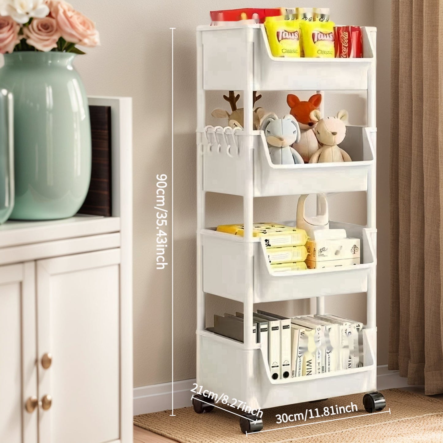 Versatile White Plastic Organizer Rack with Wheels - No Assembly Required! Perfect for Kitchen, Bathroom, and Home Storage - Ideal for Books, Snacks, and Household Items