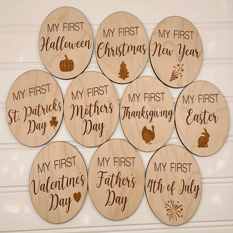 Capture your baby's growth with 10 wooden monthly milestone cards, complete with a light wooden photo disc for Halloween, Thanksgiving, and Christmas gifts.