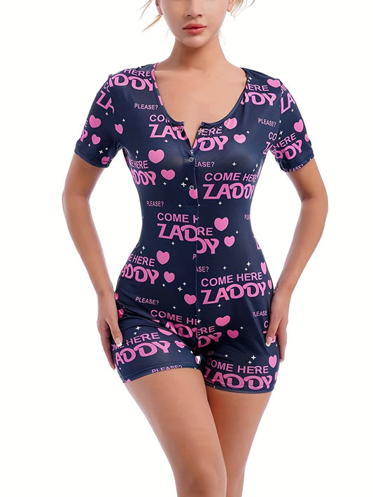 Stylish navy blue bodysuit with "Lady" print - short sleeves, round neck with button detail, stretchy polyester blend for comfortable loungewear.