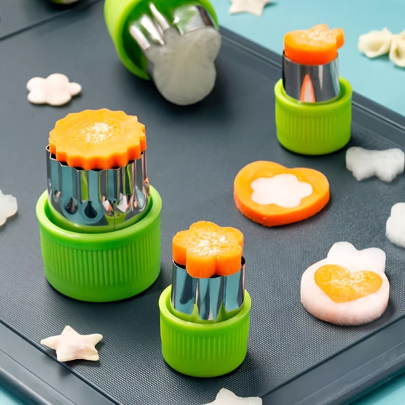 Set of 9 mini vegetable cutter shapes made of stainless steel, perfect for young bakers to use as fruit and cookie stamps. Great for baking, pastry making, and food decorating.