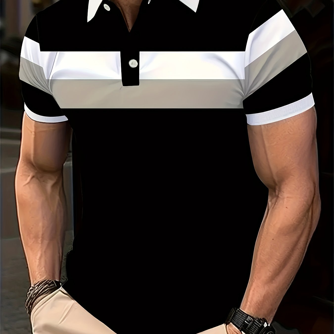 Men's Casual Block Color Polo Shirt made of polyester knit fabric, with lapel collar and button details for all-season wear.