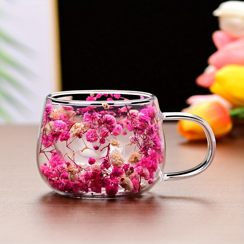 Floral double-walled glass coffee mug, 5oz - insulates hot and cold drinks. Suitable for latte, cappuccino, and iced tea. Reusable, dishwasher safe for home, office, and restaurant use.