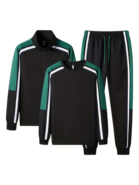 Men's 3-piece tracksuit set for gym workout and running, featuring a full-zip jacket, sweatshirt, and jogging pants.