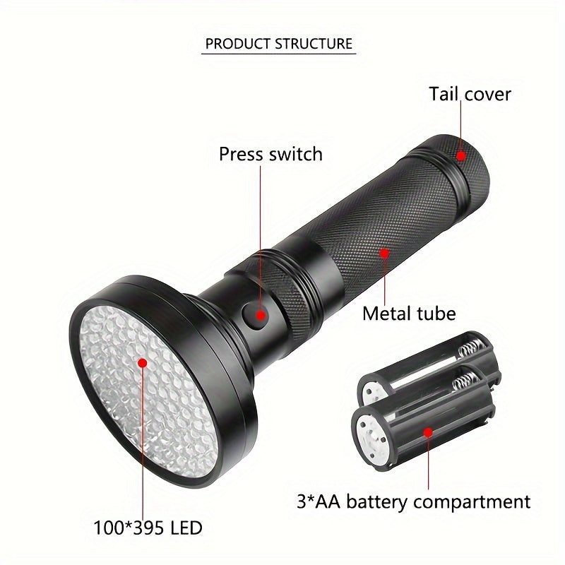 UV Blacklight Flashlight with Super Bright Ultraviolet LEDs, Metal Material with Switch Control, Battery Powered - Ideal for Scorpion Hunting, Pet Urine Detection - Available in 21, 51, or 100 LEDs, UV395nm.