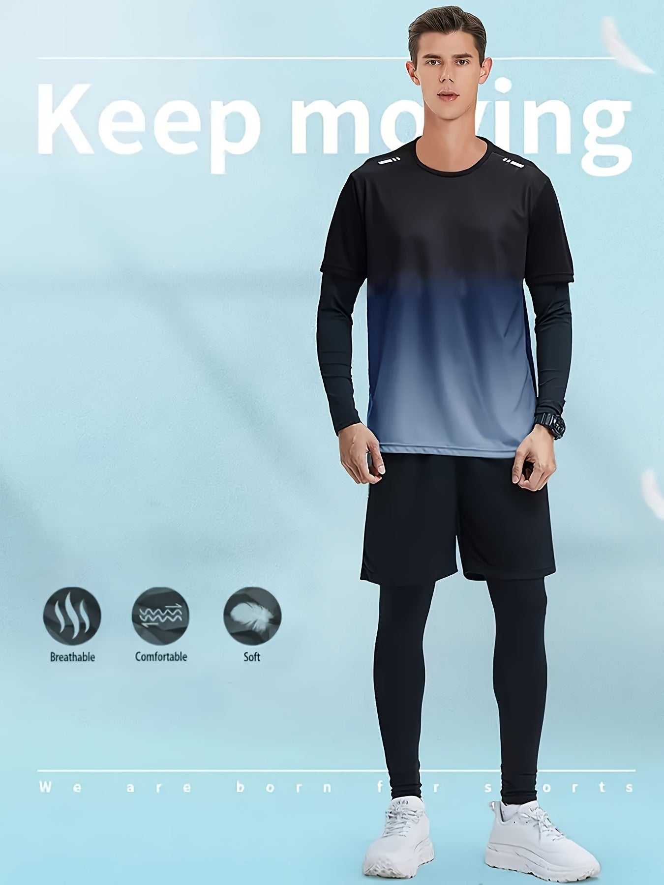 Men's Fitness Suit with loose short-sleeved shorts, quick-drying training, tight long-sleeved trousers for outdoor activities.