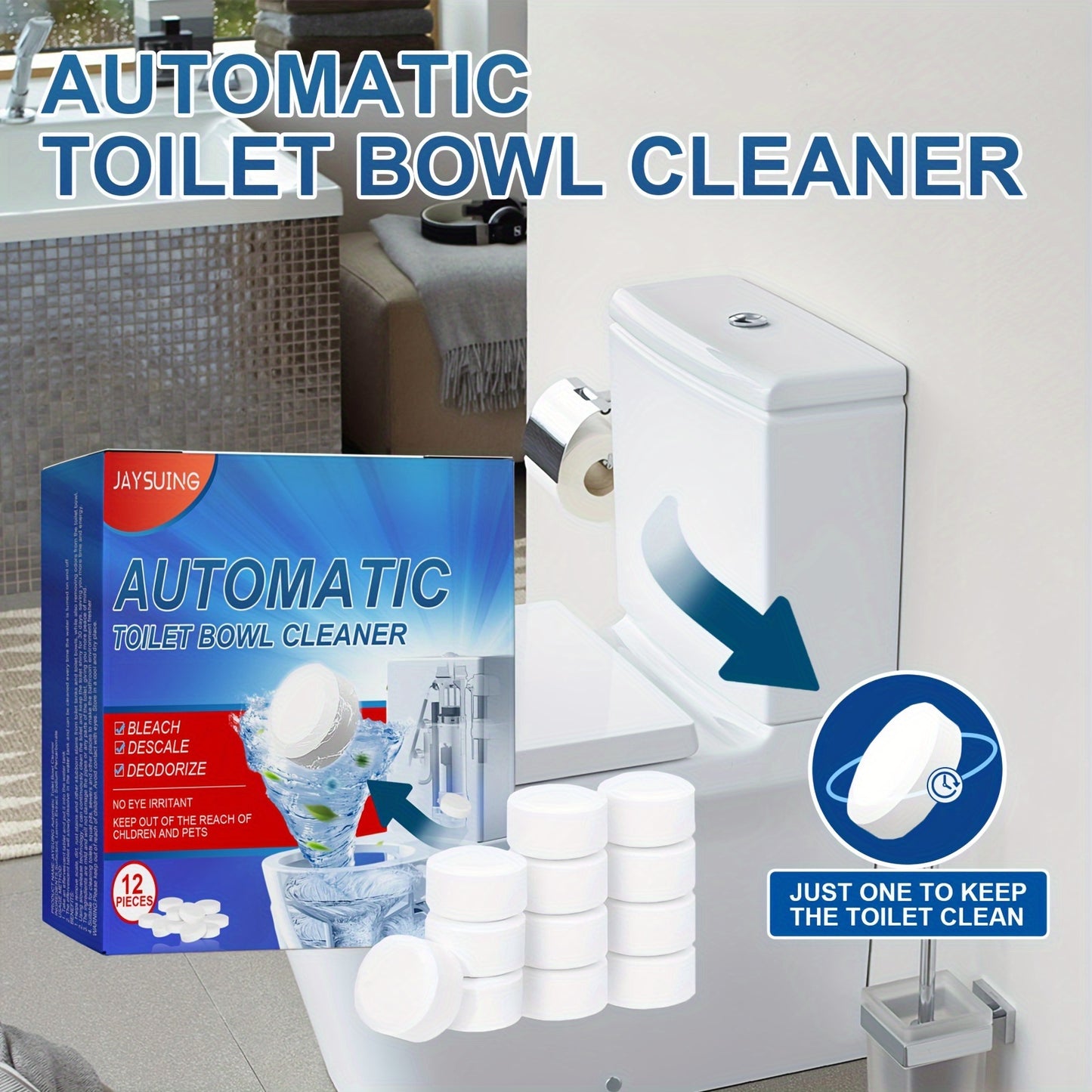 Automatic bleach tablets for toilets that clean, descale, and eliminate odors.