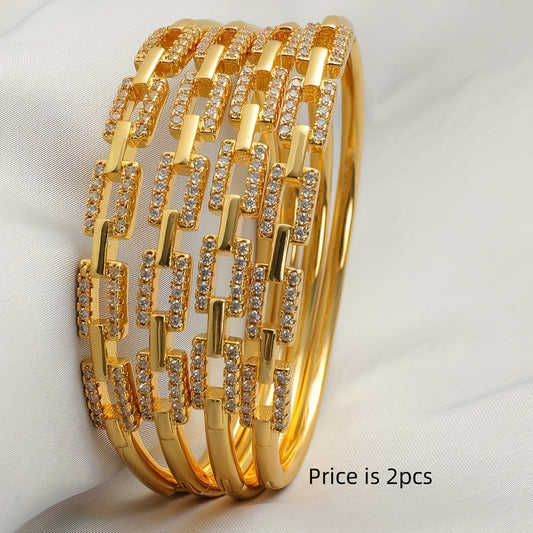 Set of 2 Elegant Bridal Cuff Bracelets with Zirconia Stones, 24K Plated Copper - Perfect for Weddings, Parties, and Valentine's Day Gifts. Versatile for All Seasons.