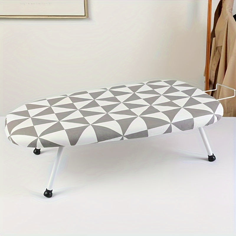 Space-saving foldable ironing board, ideal for home and office use, made of stainless steel and plastic materials.