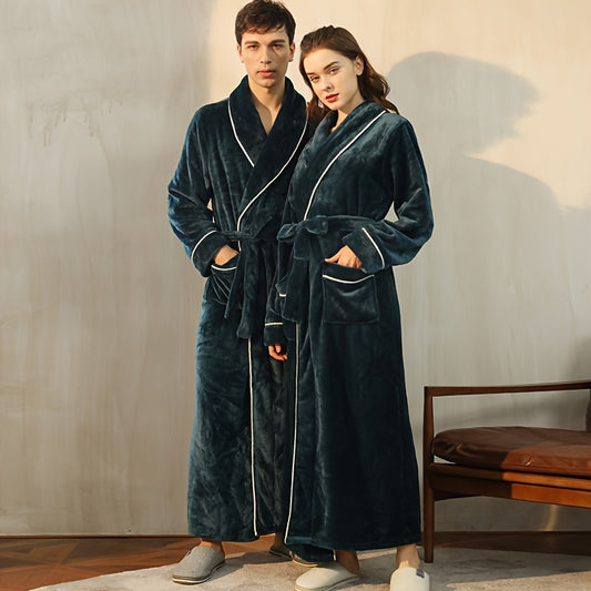 Autumn/Winter bathrobe, comfy unisex pajamas, thick large size nightgown with long sleeves and pocket, warm robe for home/bathroom.