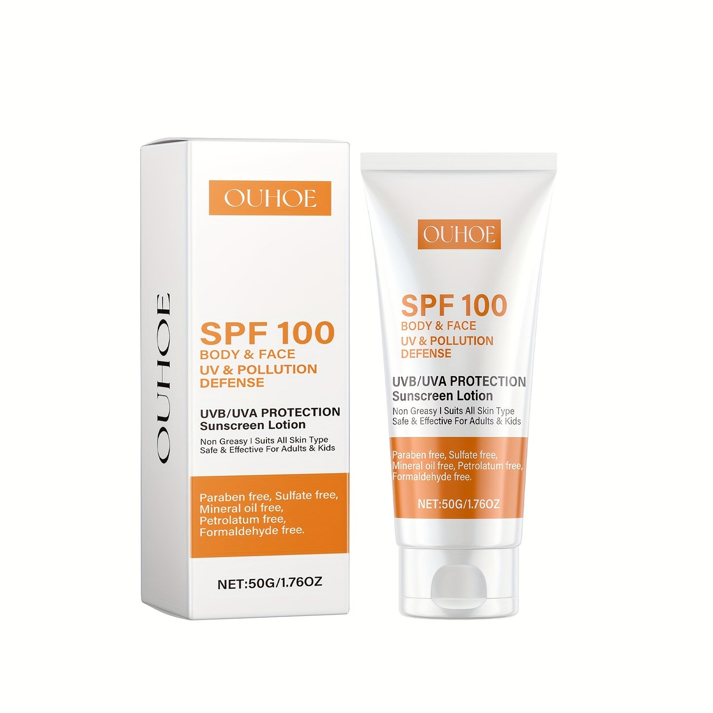 SPF 100 sunscreen lotion for body and face with hydrating hyaluronic acid and vitamin E. Water-resistant, non-greasy formula for UV and pollution defense. 50g/1.76oz.