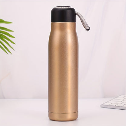 Personalized thermos bottle with laser-engraved text on stainless steel featuring rope design.