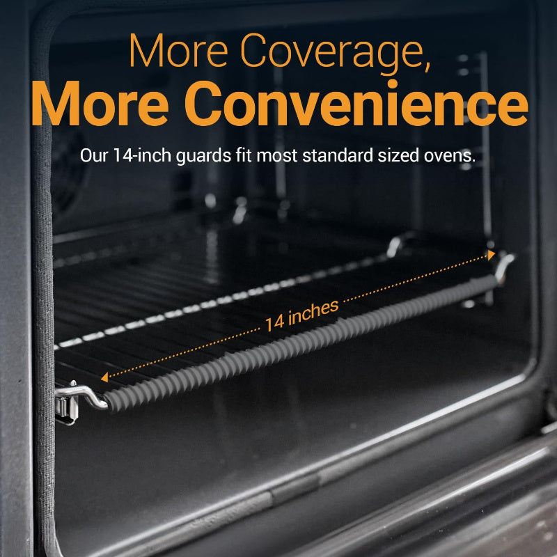 3 pieces of silicone oven rack covers with heat-resistant protective guards. These 14-inch covers are non-electric, food contact safe, and prevent burns and scarring on oven racks.