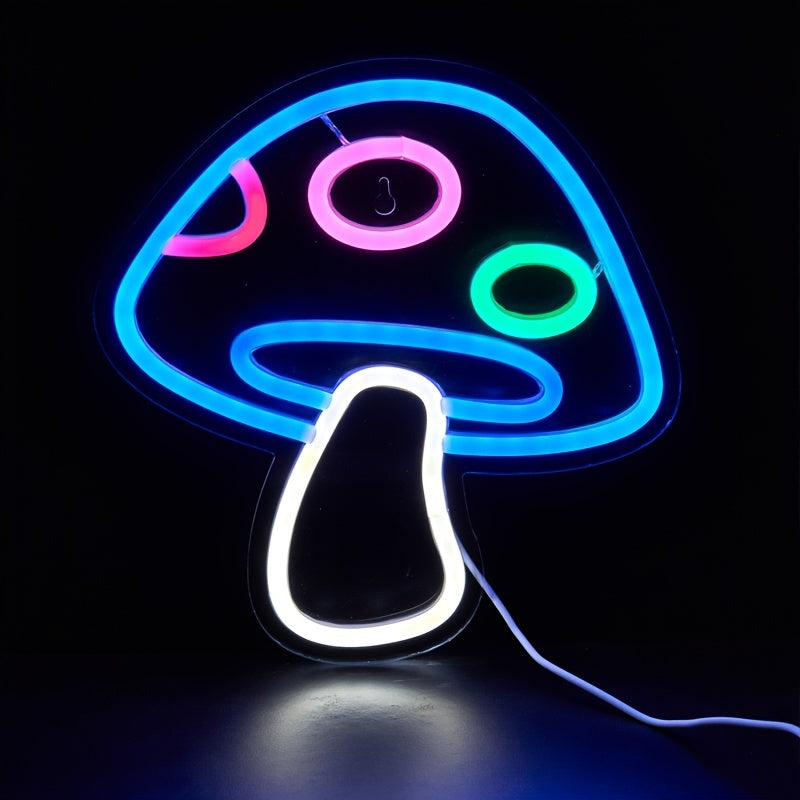 USB-powered LED neon mushroom sign for game room or bedroom decor.