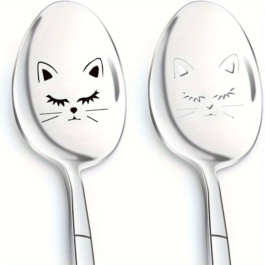 Stainless Steel Spoon Set- Includes 2 Laser Engraved Spoons with Long Handles. Featuring a Playful Cat Design, these Cute Coffee Tea Spoons make a great gift for Men, Women, Friends, Him, or Her. Perfect for Birthdays, Christmas, or any special occasion.