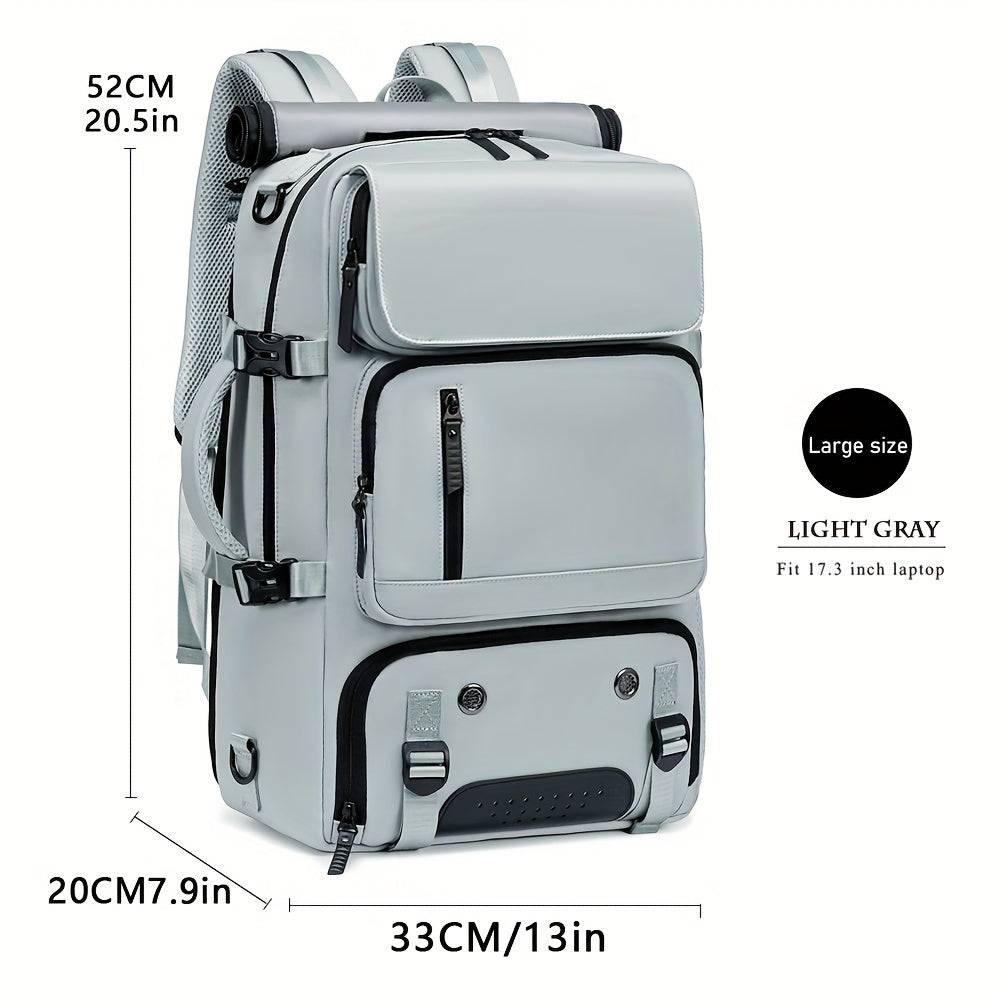 Waterproof backpack with USB port, trolley sleeve, shoe grid for outdoor activities.