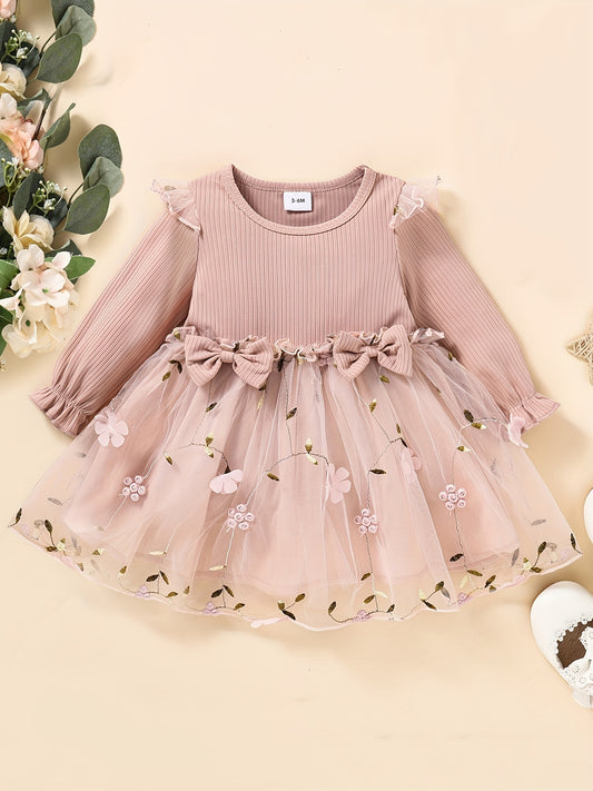 Elegant flower embroidery long sleeve dress for baby girls, perfect for daily wear, holidays, and parties. Ideal as a gift.