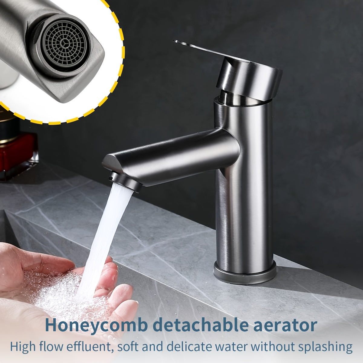 Modern 304 stainless steel faucet, single handle dual control, gun grey finish for home bathroom sink with rust prevention.