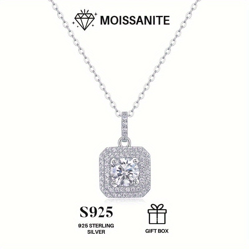 This stylish Moissanite pendant necklace is made of 925 sterling silver and coated with 18K gold, featuring a square halo design. It comes on a collarbone chain and includes a gift box, making it perfect for Valentine's Day, engagements, weddings