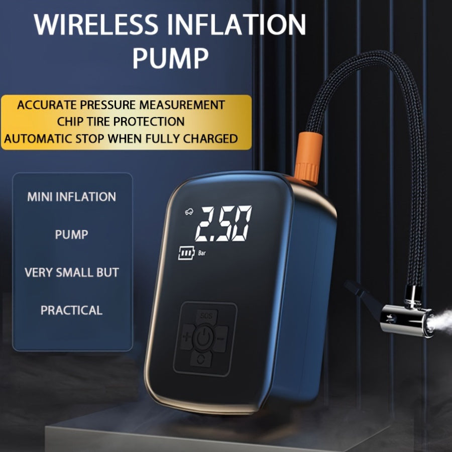 Portable air compressor pump with digital display, LED light, USB charging, rechargeable lithium battery. Suitable for tire inflation for car, bike, motorcycle, and ball. Features