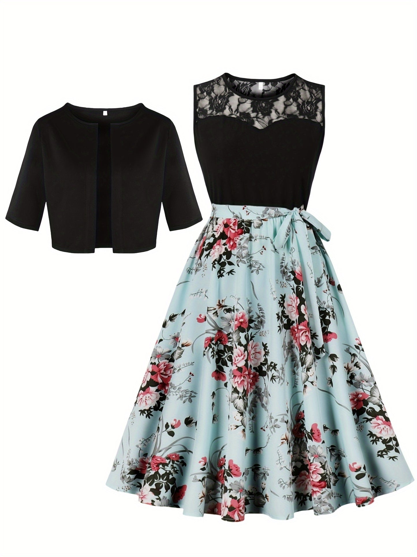 Elegant Floral Print Dress Set with Solid Color Outerwear and Contrast Lace Crew Neck Dress