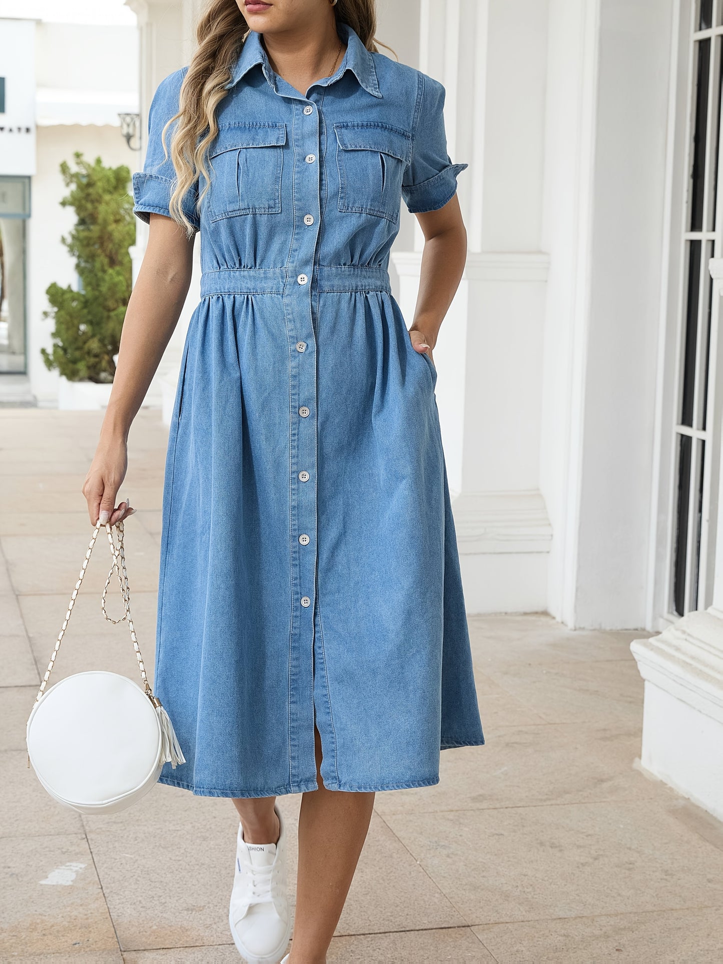 Casual denim midi dress for women, short sleeves, flap pockets, button-up front, non-stretch fabric, machine washable, elegant blue jean style.