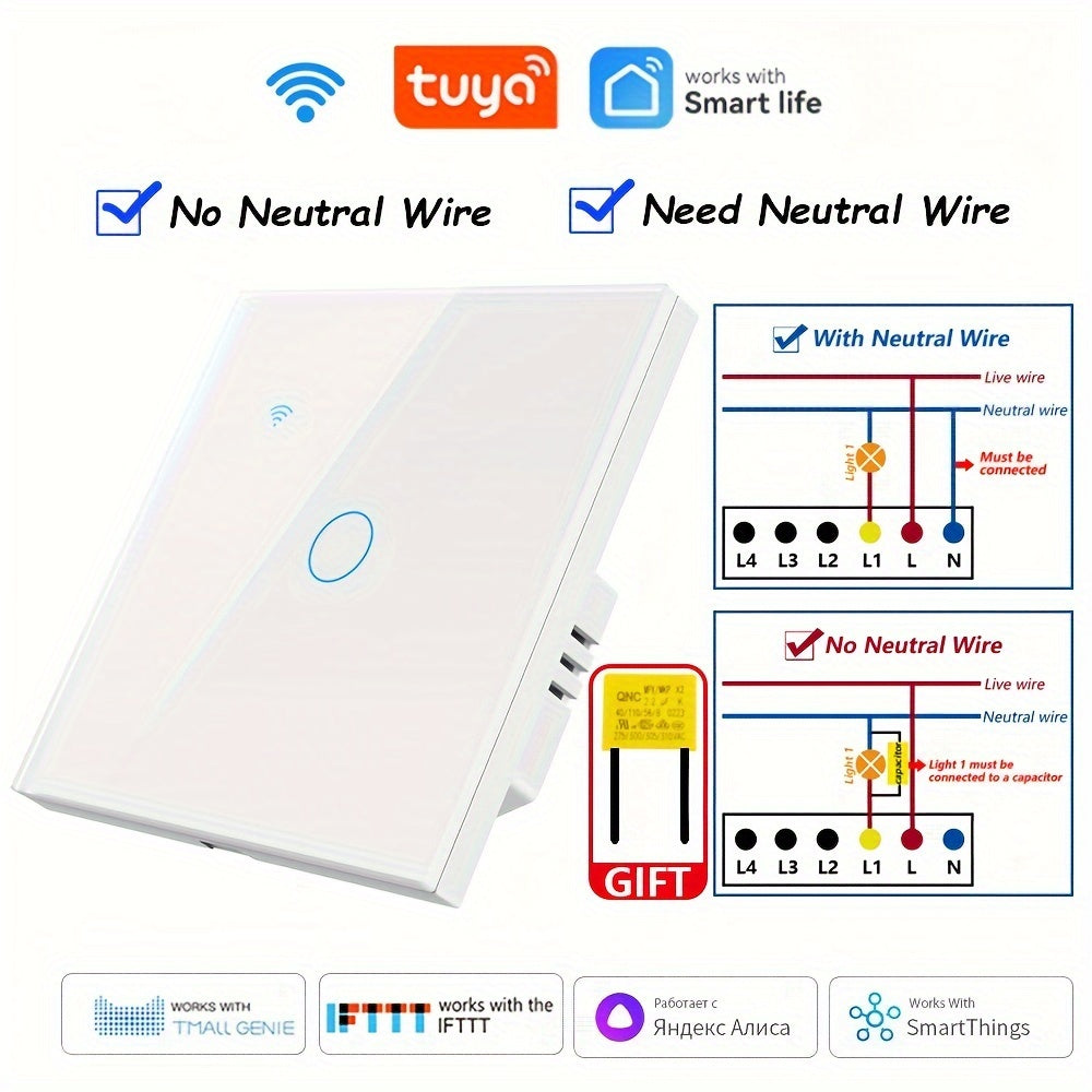 Chevolink WiFi Smart Switch with Voice Control, EU Plug, No Neutral Wire Needed, Compatible with Alexa and Google Home, 1/2/3/4 Gang, Tempered Glass Panel