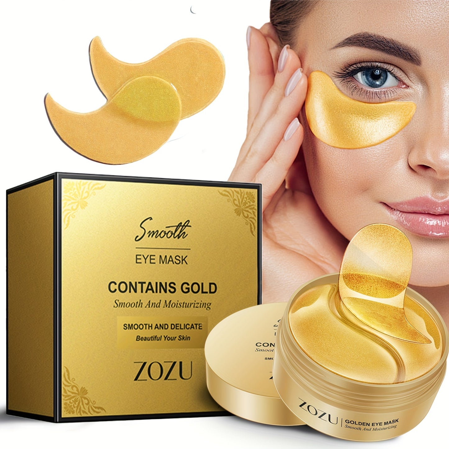 Moisturizing and lifting eye masks with avocado and golden patches for firming and tightening under eye skin.