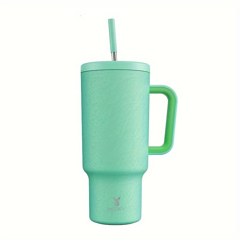 Stainless steel tumbler with lid and straw, leakproof and BPA-free for hot/cold drinks, ideal for camping, hiking, and driving.