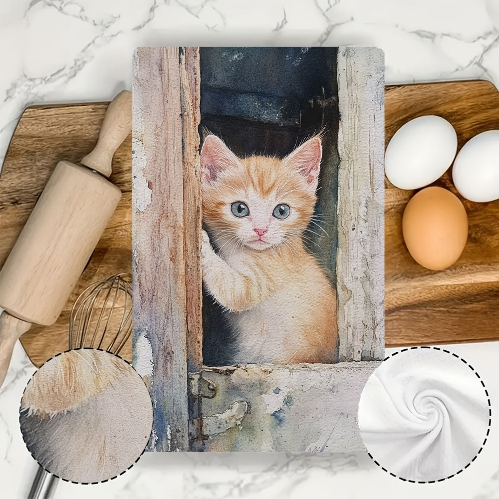 This kit includes 2 ultra-soft kitchen towels with a gentle meow from a kitten wanting to come inside. These highly absorbent dish and hand towels are ideal for holiday decoration, machine washable, and measure 40.64x60.96 cm.