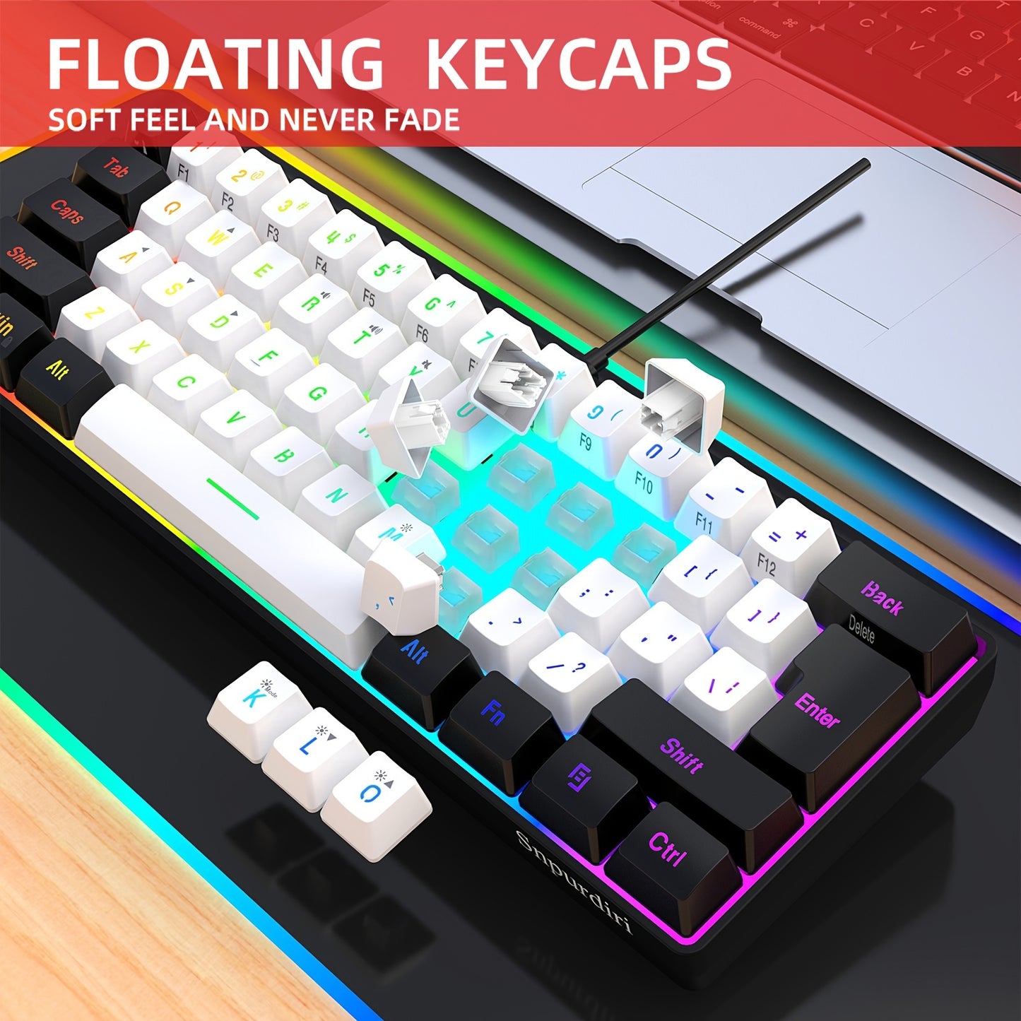 SNPURDIRI 60% Mini RGB Gaming Keyboard with 61 keys, RGB backlight, USB powered. Ideal for PC/Mac gamers, typists, and travel.