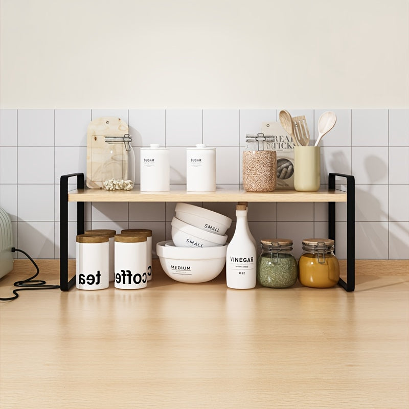 Iron frame and hardwood top kitchen shelf with 2 tiers, does not require electricity. Ideal for keeping kitchen items organized.