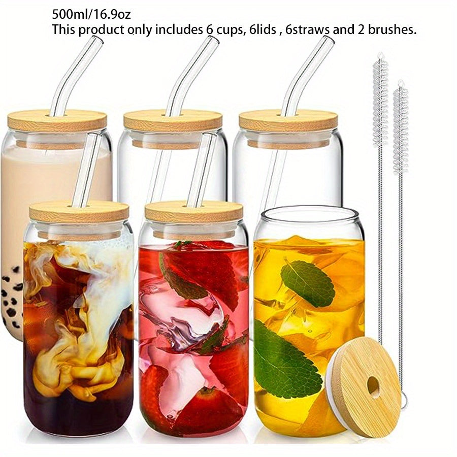 Glass cups with bamboo lids and straw, beer can shaped, 16 oz capacity for various drinks.