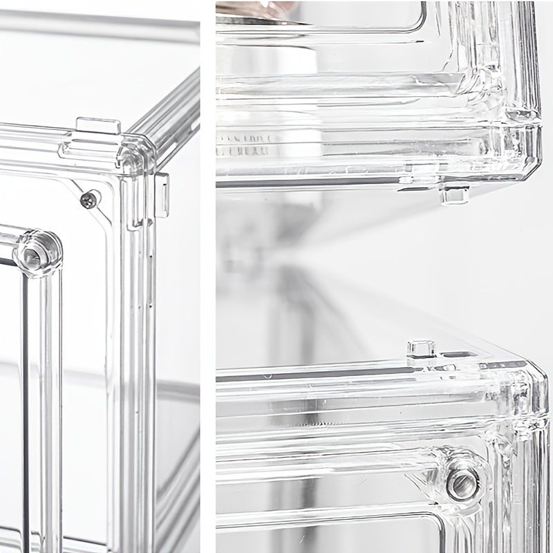 Transparent acrylic display cabinet with dust-proof stacking locker, perfect for home and office. Capacity under 3.2 cubic feet, assembly required.