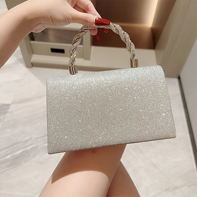 Stylish clutch bag for women, with rhinestone bowknot and chain strap, in polyester material. Magnetic closure, available in black, gold, and silver gray.