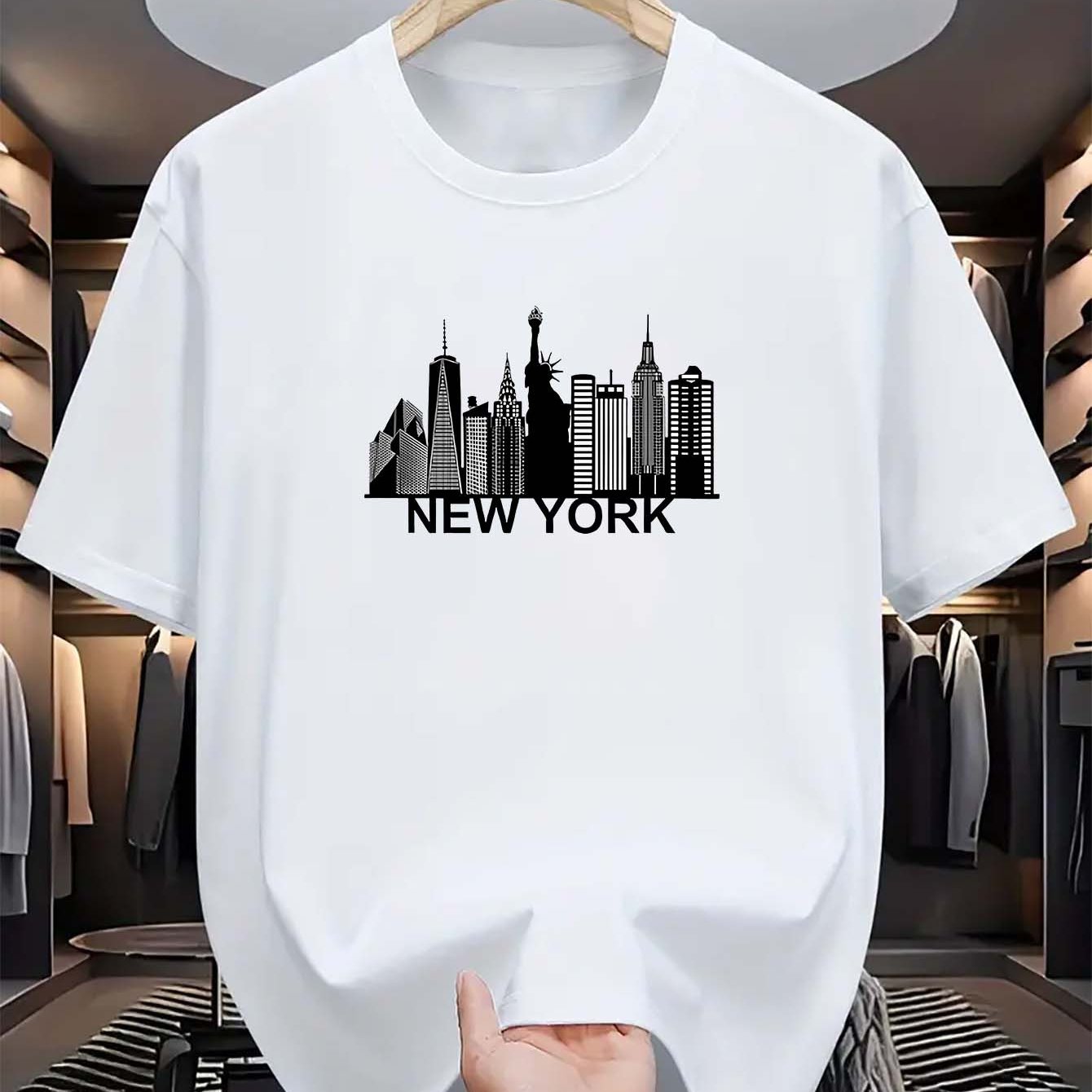 Men's light blue New York City skyline graphic t-shirt for everyday comfort. Casual polyester tee with short sleeves, round neck, and machine washable. Summer fashion essential.