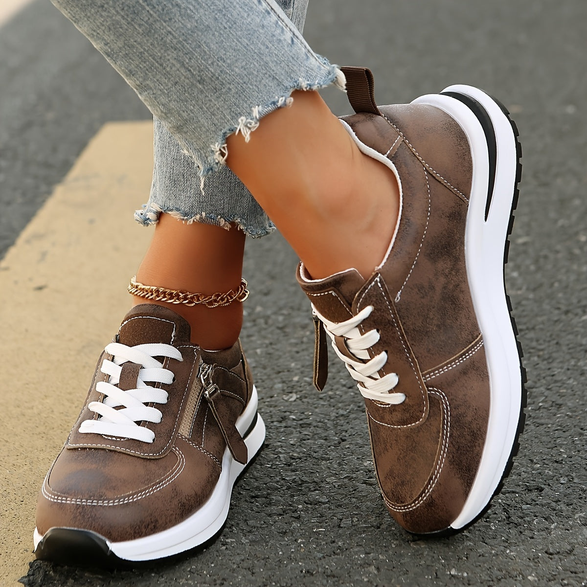 Women's lightweight casual sneakers with lace-up design, low top, round toe, soft fabric lining, and TPR sole.