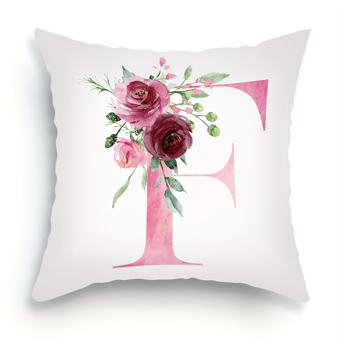 18x18 inch Alphabet Floral Pillow Cover featuring A to Z English Letters in pink print. Ideal for adding a contemporary touch to sofa, living room, or bedroom decor. Single-sided printing, insert not included.