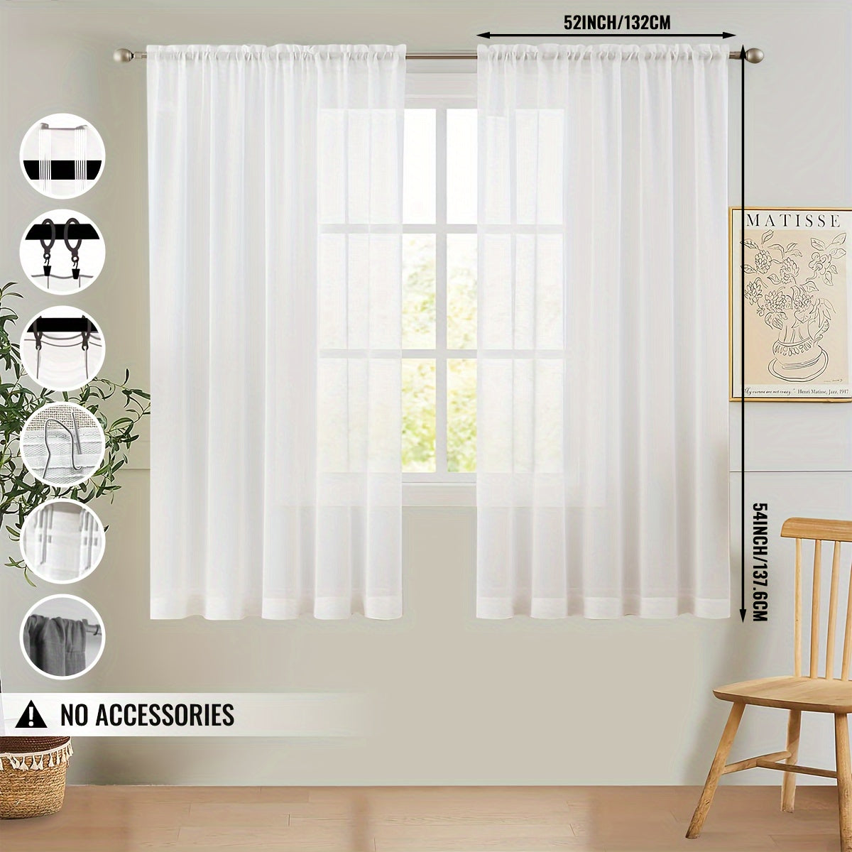 Set of 2 White Sheer Privacy Curtains – Semi-Transparent Window Drapes for Bedroom and Living Room, Filtering Light with Scratch-Resistant Material. Features Rod Pocket, Hooks Belt, Back Tab, Clip Rings, and Track System for Easy Hanging. Stylish Curtain